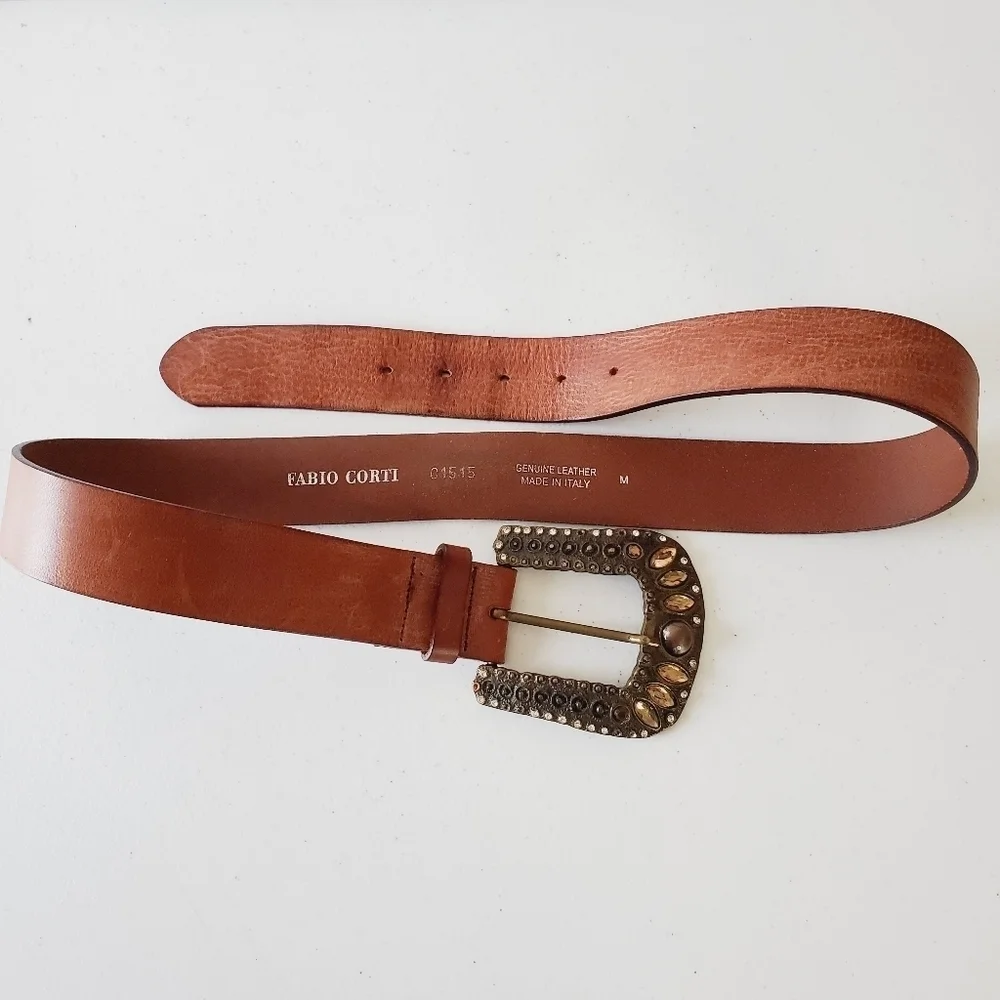 Fabio Corti Genuine Leather Belt Brown Jeweled Beaded Oversized Buckle‎ Italy